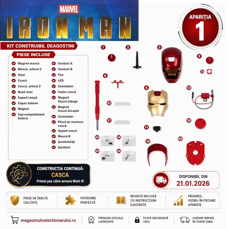Macheta Iron Man Armura Mark III Nr. 1 Kit Construibil DeAgostini Disponibil imediat