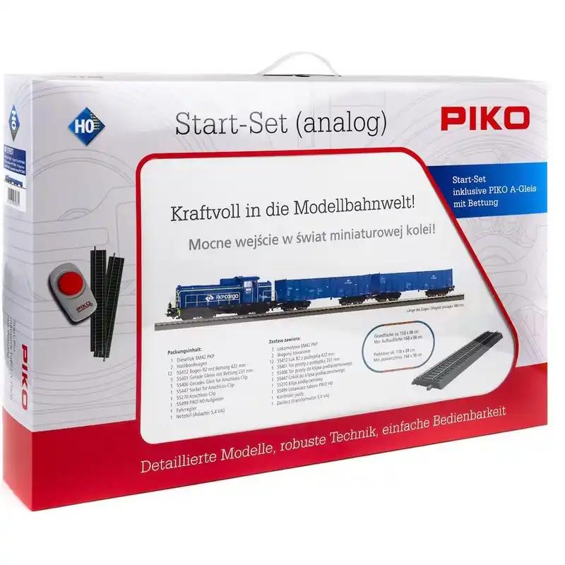 Ofertă exclusivă Set Tren Electric HO PIKO 97937 - Locomotiva PKP SM42-606, 2 Vagoane Marfa, Sine cu Terasament si Alimentator
