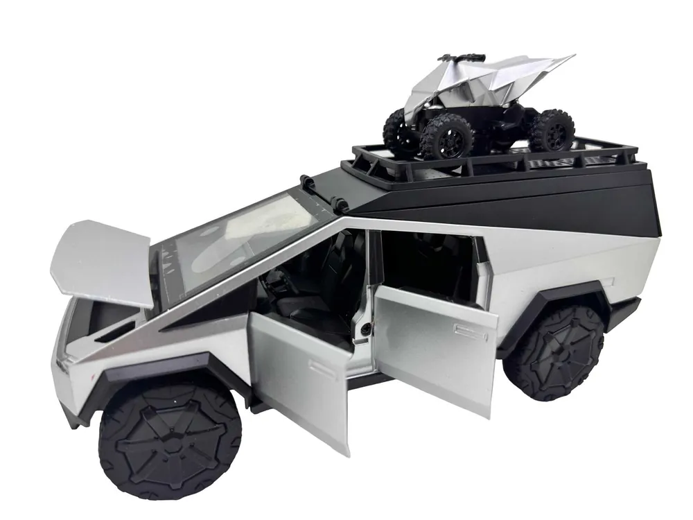 Macheta Tesla Cybertruck argintie cu ATV detașabil scara 1 24 cu lumini sunete și mecanism pull back Livrare rapidă
