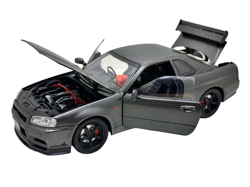 Bestseller Macheta Auto Nissan Skyline GT-R R34 Carbon Look Metal Die-Cast 1/24 sunet lumini deschide usile si capotele