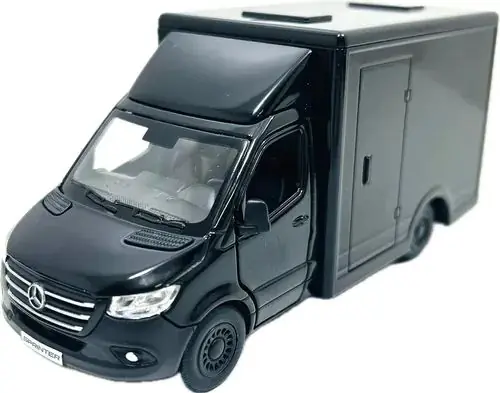 Macheta Mercedes Sprinter neagra duba transport replica metal cu usi deschise si mecanism pull back fara cutie proprie Ieftin