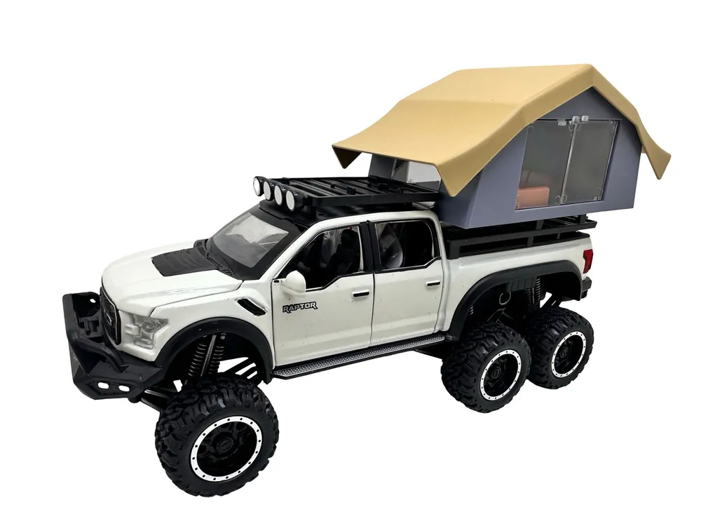 Discount Macheta Ford Raptor alb 6×6 Camper 1 24 replica metal lumini si sunete usa deschisa si compartiment detasabil