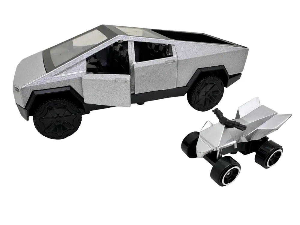 Macheta Tesla Cybertruck cu ATV argintie 1 43 replica metal usi deschise Popular