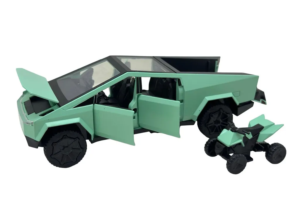 Retur gratuit Macheta metal Tesla Cybertruck verde cu atv metal 1 32 cu sunet, lumini, deschide usile