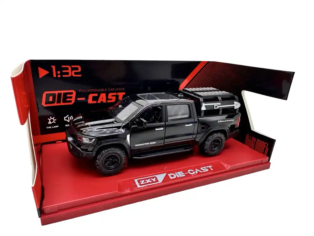 Reducere extra Macheta Dodge RAM Mammoth 1000 Hennessey negru 1 32 replica metal lumini si sunete usi capota si portbagaj deschise