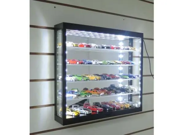 Vitrină de colecție scala 1/43, 1/64, 1/72 cu 5 etaje, neagră cu oglindă și iluminare LED Lichidare de stoc