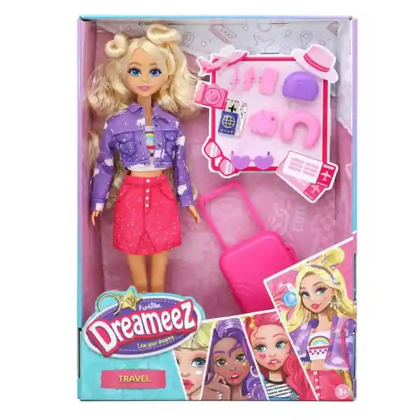 Papusa Fashion Dreameez Cu Tematica De Calatorie, Set De Joaca Pentru Aventuri De Vacanta Cu Valiza Pe Roti Si Accesorii De Voiaj, Papusa Blonda Cu Par Lung Si Tinuta Moderna, 3 Ani+, Roz Vezi acum