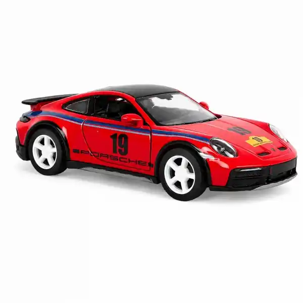 Macheta Metalica Porsche 911 Cu Design De Raliu, Masinuta Sport Cu Mecanism Pull-Back, Grafica De Competitie Cu Numarul 19, Eleron Spate Si Roti Functionale, Model Pentru Joaca Si Colectie, 13 cm, Rosu Reducere de preț