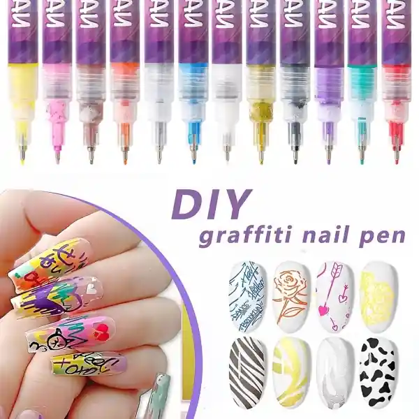 Nu rata Kit Nail Art, Set 12 Markere Acrilice Pentru Unghii, Varf Ultra Fin 0.5 mm, 13 x 10 cm, Multicolor