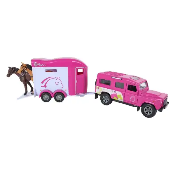 Machetă metalică Land Rover cu remorcă pentru cai, Pentru copii, 26 cm, Roz Disponibil imediat