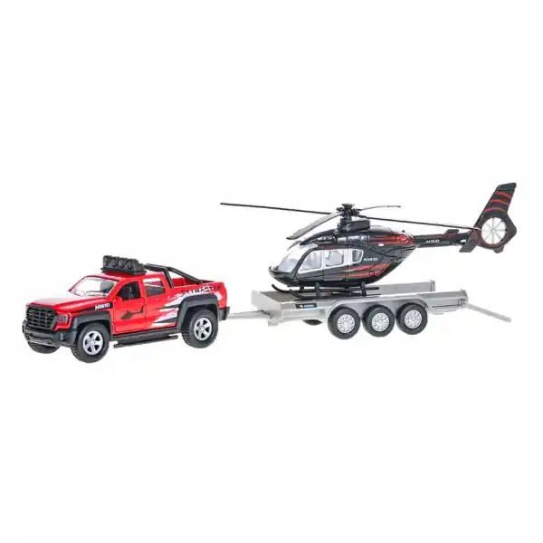 Preferatul clienților Machetă metalică terenwagen cu remorcă și elicopter, Pentru copii, 35 cm, Rosu/Negru