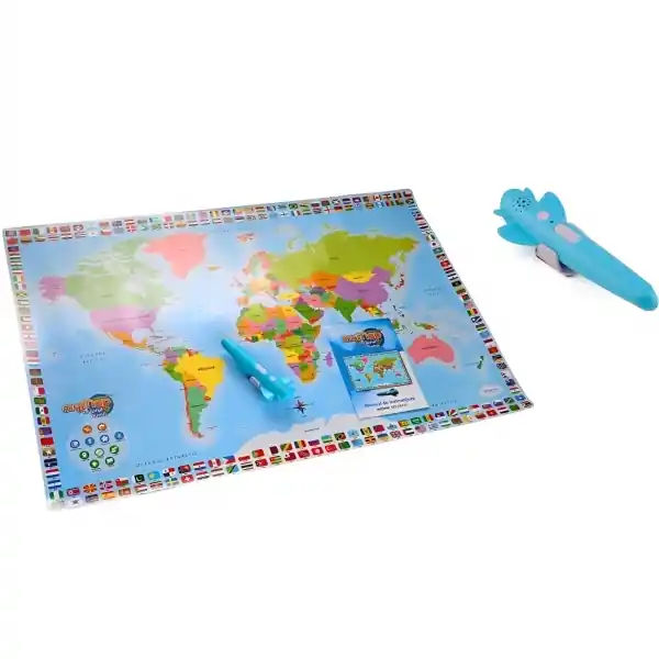 Harta interactivă a Lumii cu creion interactiv, Momki – 4 moduri de joc, bilingva - română & engleză, 90x60 cm, 6+ ani Cumpără online