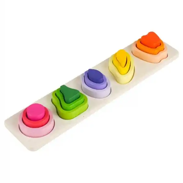 Cumpără online Jucarie Montessori din Lemn, Tip Puzzle, cu 5 Forme Asimetrice, 15 Piese, Model Fructe, Educativa, Interactiva, Creativa, Materiale Non Toxice, +2 Ani, 29x6.5 cm, Multicolor