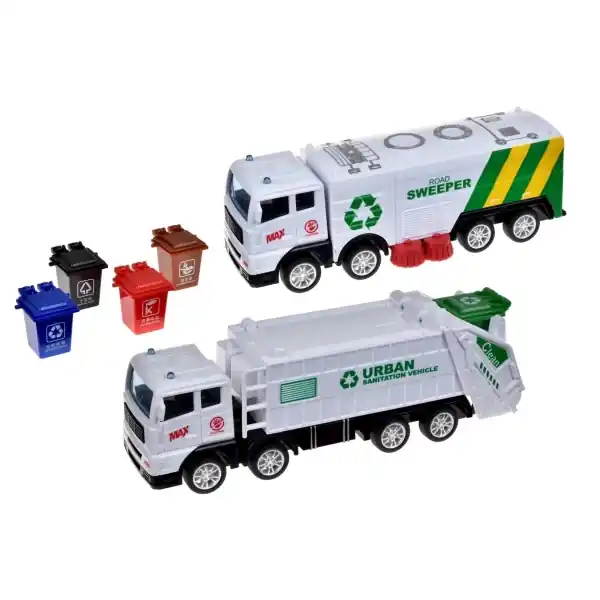 Reducere specială Set 2 camioane de gunoi si reclicare, include pubele, cartonase ilustrative cu deseuri, 18 cm