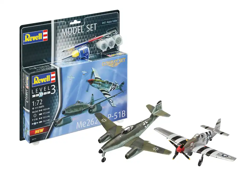 Set Macheta Aeromodele Revell Messerschmitt Me262 si P-51B Mustang cu vopseluri, adeziv si pensula 1 72 Revell 63711 Ultima șansă
